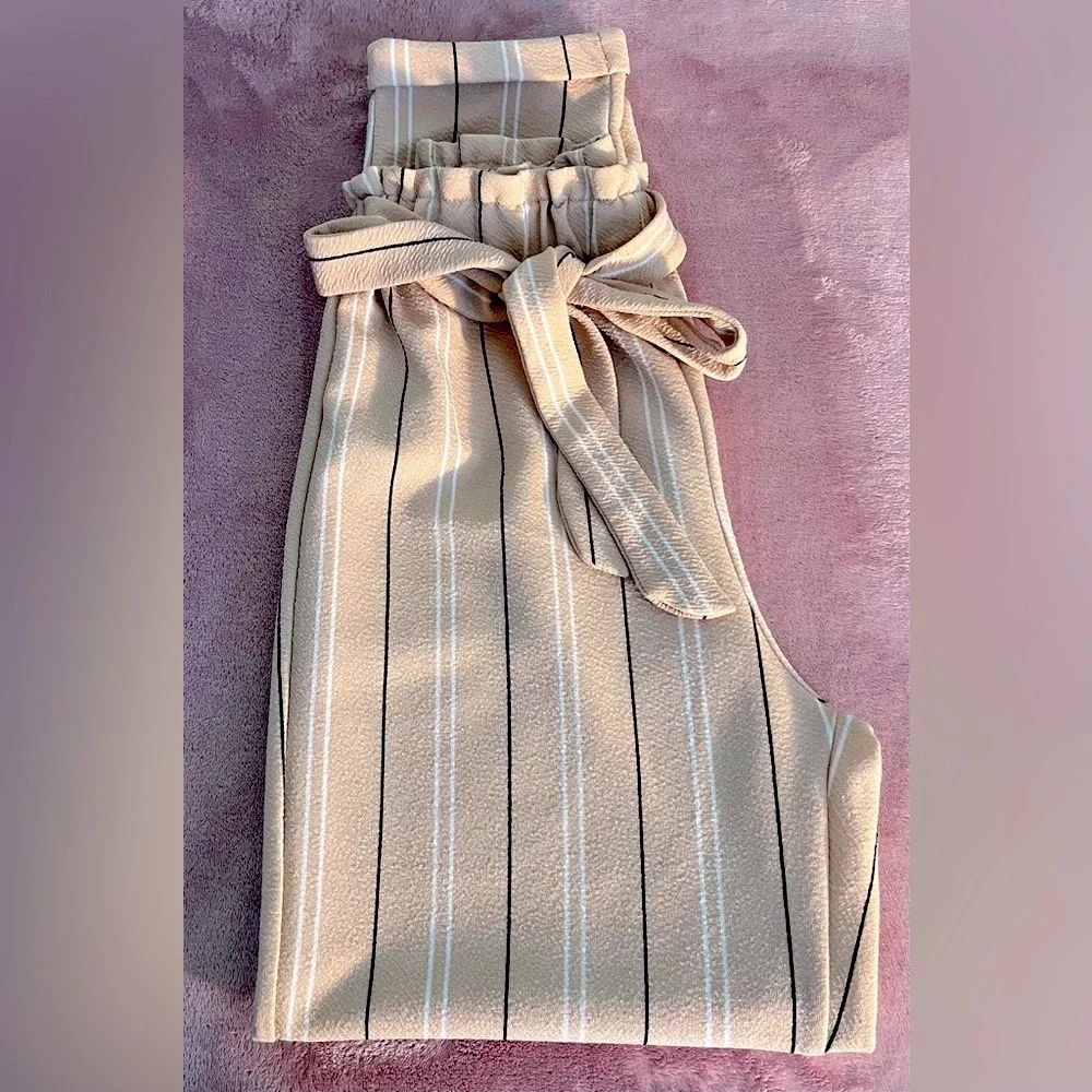 No Comment Pinstripe Gathered Waist Tie Belt Salmon Pink Pinstripe Dress Pants - Picture 5 of 9
